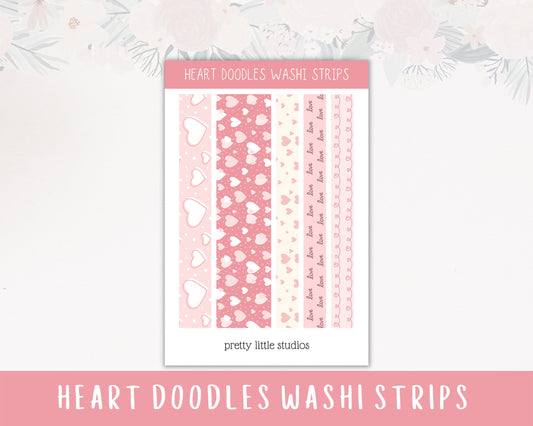 Heart Doodle Washi Strip Stickers - Bullet Journal Stickers - Washi Tape Stickers - Valentine's Day Stickers - Pink Stickers