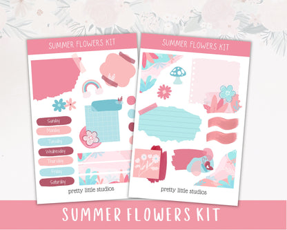 Summer Flowers Mini Journal Sticker Kit - Bullet Journal Sticker Kit - Planner Stickers Kit - Pink Flower Stickers