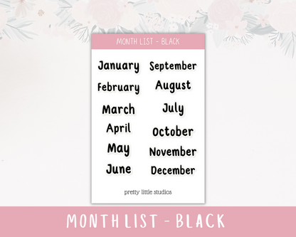 Month List - Black Font Sheet