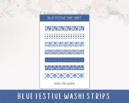 Blue Festive Washi Tape Strip Sticker Sheet - Bullet Journal Stickers - Snow Stickers - Winter Stickers - Washi Strip Stickers