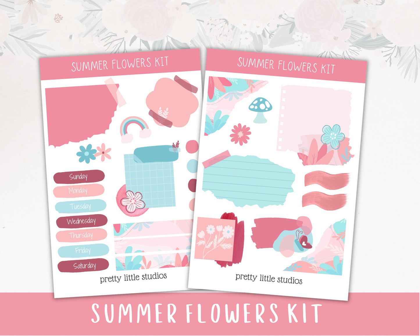 Summer Flowers Mini Journal Sticker Kit - Bullet Journal Sticker Kit - Planner Stickers Kit - Pink Flower Stickers