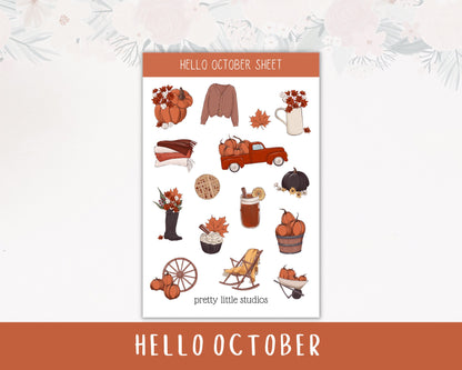 Hello October Autumn Decorative Sticker Sheets for Planners - Bullet Journal Sticker Kit - Fall Planner Stickers - Autumn Stickers